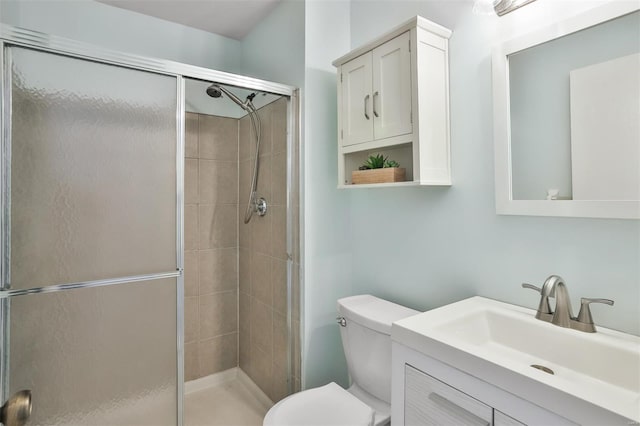 full bath with vanity, a stall shower, and toilet