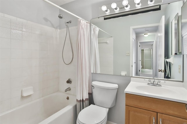 full bathroom with vanity, shower / bathtub combination with curtain, and toilet