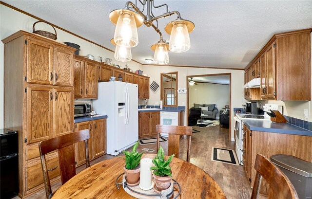 kitchen featuring white appliances, a textured ceiling, ceiling fan with notable chandelier, wood finished floors, and under cabinet range hood