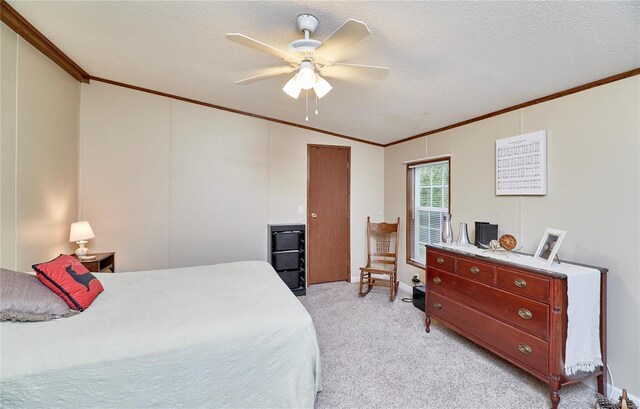 bedroom with ceiling fan, vaulted ceiling, ornamental molding, and light carpet