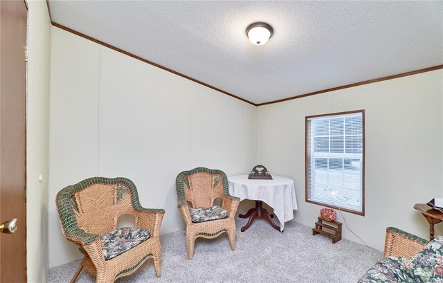 living area with crown molding, a textured ceiling, and carpet floors