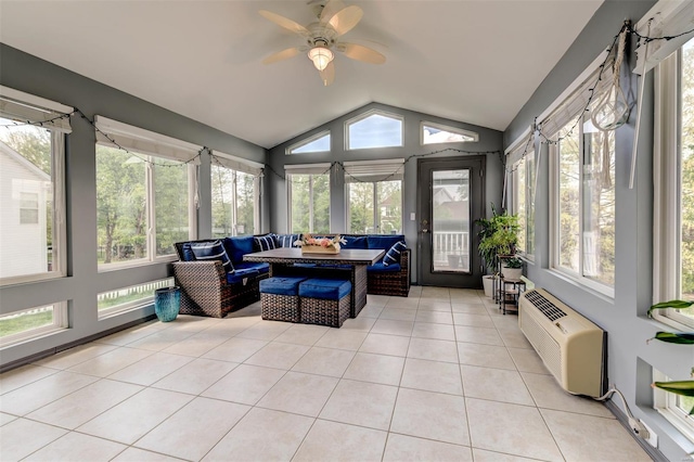 sunroom with an outdoor hangout area, a ceiling fan, and a wall mounted AC