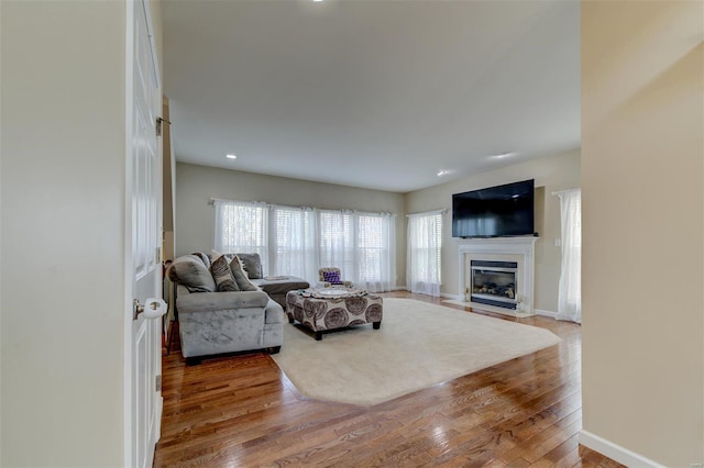living area with baseboards, a fireplace with flush hearth, and wood finished floors