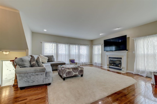 living room with a fireplace with flush hearth, baseboards, plenty of natural light, and hardwood / wood-style floors
