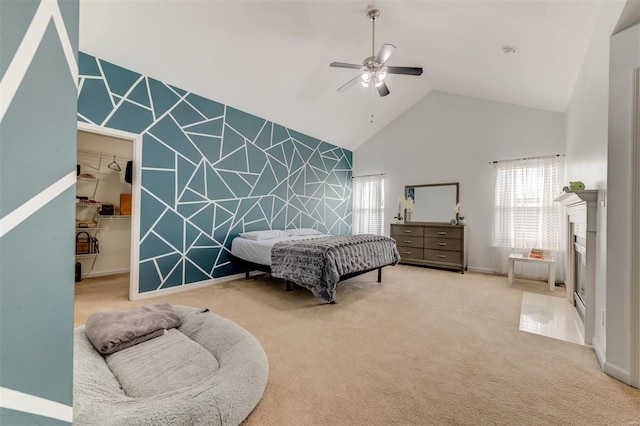 bedroom with a fireplace, high vaulted ceiling, multiple windows, and carpet
