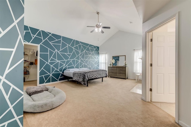 bedroom with carpet flooring, high vaulted ceiling, and ceiling fan