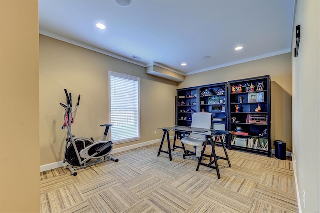carpeted office space featuring crown molding, baseboards, recessed lighting, and visible vents