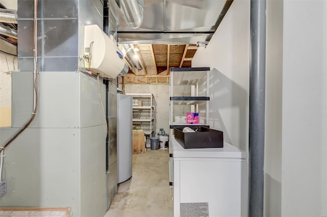 unfinished basement featuring heating unit and water heater