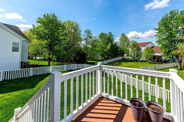 wooden terrace with a lawn and a fenced backyard