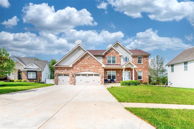 craftsman-style house featuring concrete driveway, brick siding, an attached garage, and a front yard