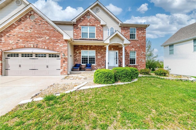 view of front of property with a porch, brick siding, a front lawn, concrete driveway, and an attached garage