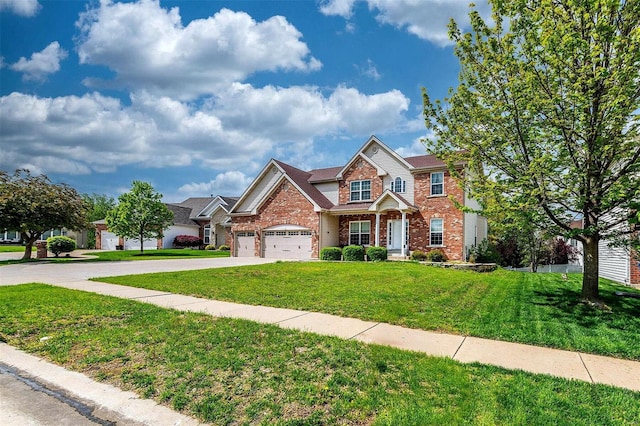 view of front of property with concrete driveway, brick siding, an attached garage, and a front lawn