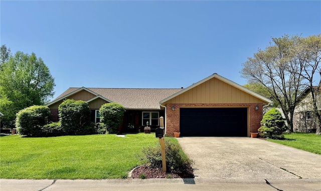 ranch-style home with brick siding, driveway, a front lawn, and a garage