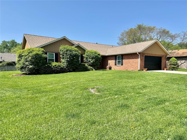 single story home with brick siding, an attached garage, a shingled roof, and a front yard