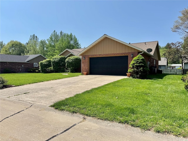 ranch-style home featuring brick siding, a garage, board and batten siding, a front yard, and driveway