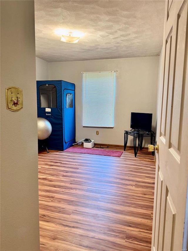 interior space with a textured ceiling and wood finished floors
