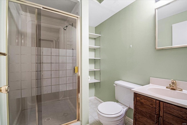 bathroom with vanity, toilet, and a stall shower