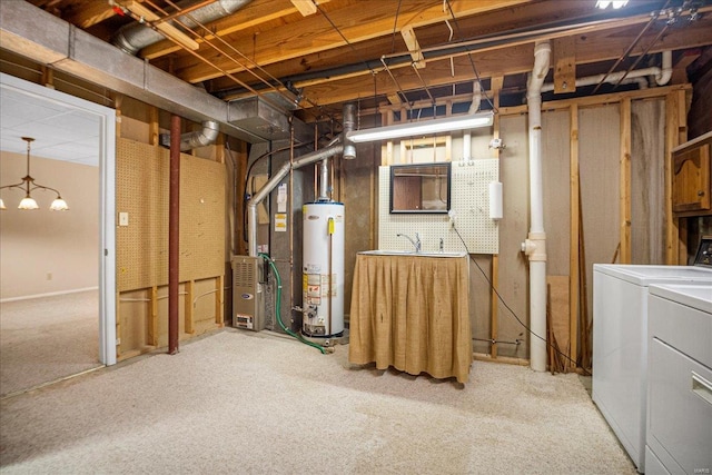 unfinished below grade area with separate washer and dryer, heating unit, light carpet, and gas water heater