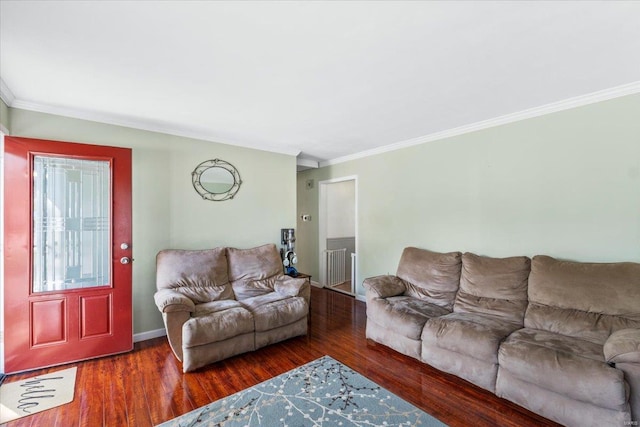 living area featuring crown molding, baseboards, radiator heating unit, and wood finished floors