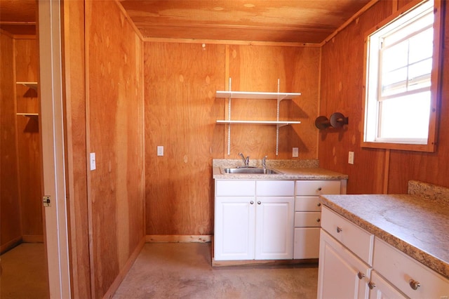 clothes washing area with a sink, wood ceiling, wood walls, and wet bar