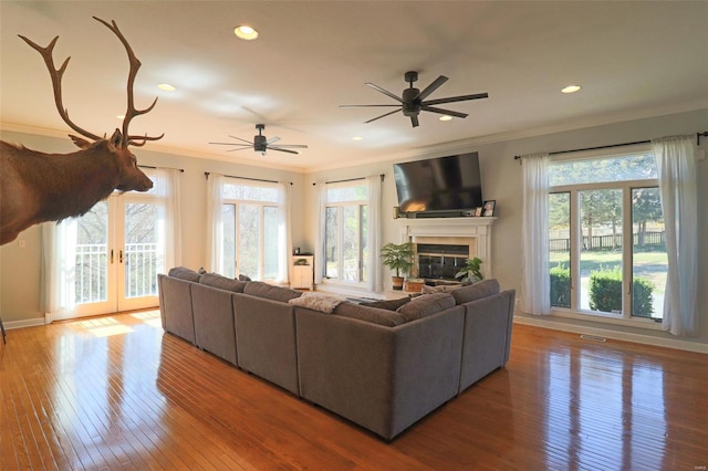 living area featuring a glass covered fireplace, ornamental molding, a healthy amount of sunlight, and hardwood / wood-style floors