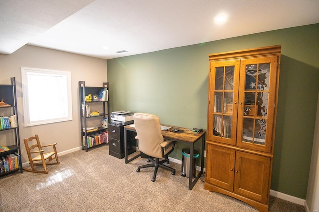 home office with baseboards, recessed lighting, and light colored carpet