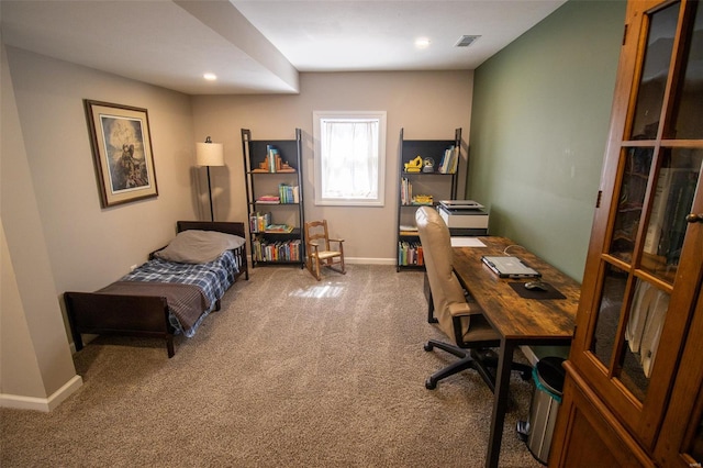 bedroom featuring baseboards, carpet, recessed lighting, and visible vents