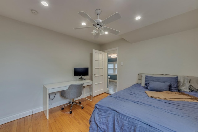 bedroom featuring baseboards, recessed lighting, ceiling fan, and wood finished floors