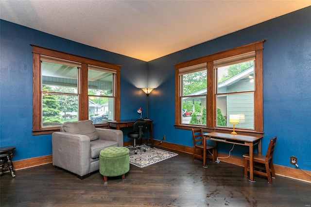 living area featuring baseboards, a healthy amount of sunlight, and wood finished floors