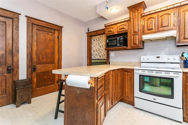 kitchen featuring light floors, white range with electric stovetop, stainless steel microwave, and under cabinet range hood