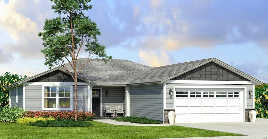 single story home with a garage, concrete driveway, a front lawn, and stone siding