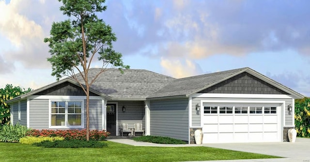 single story home with a garage, concrete driveway, a front lawn, and stone siding
