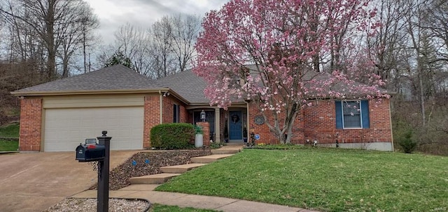 view of front of property with a front yard, roof with shingles, brick siding, concrete driveway, and an attached garage