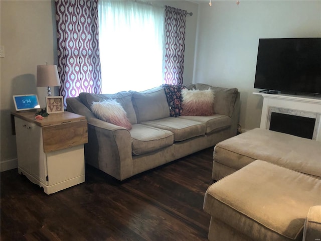 living area with dark wood-type flooring and a premium fireplace