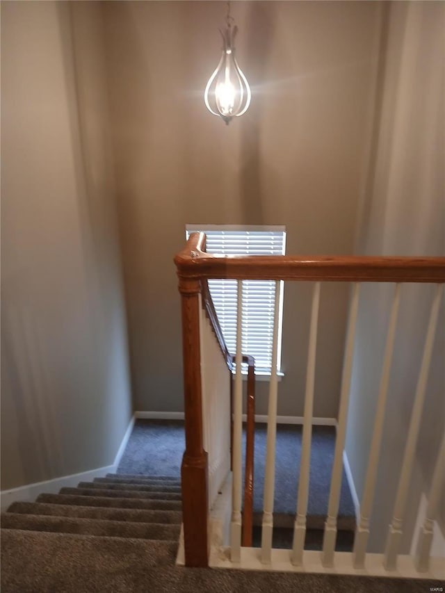 staircase with baseboards and carpet