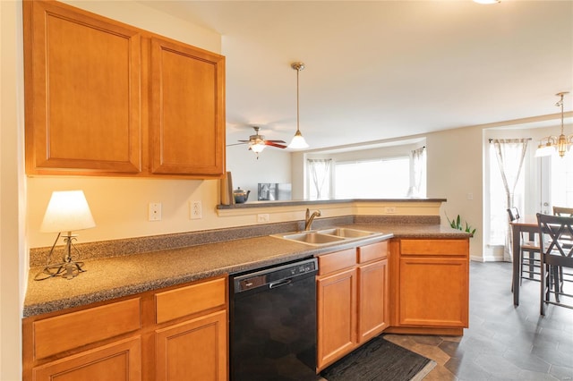 kitchen with ceiling fan, decorative light fixtures, a sink, a peninsula, and black dishwasher