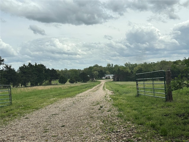 view of street featuring a view of trees, a gated entry, a rural view, and gravel driveway