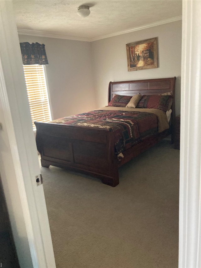 carpeted bedroom with crown molding and a textured ceiling
