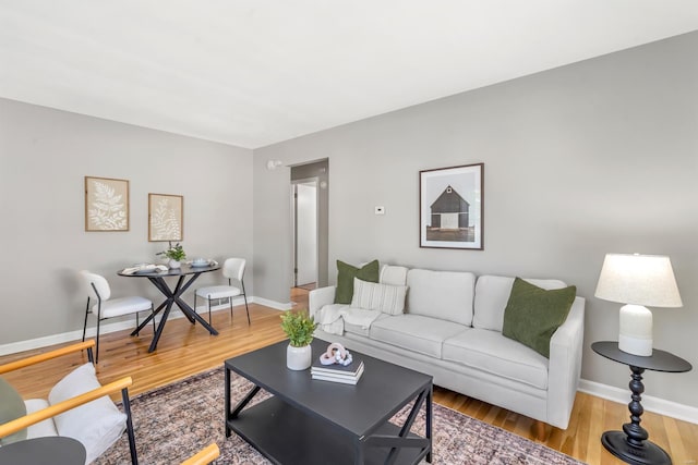 living area featuring baseboards and wood finished floors