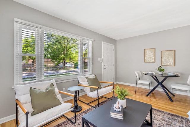 living area with baseboards and wood finished floors