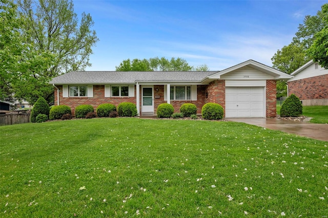single story home with fence, a front lawn, brick siding, a garage, and driveway