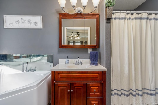 full bathroom featuring a shower with curtain, an inviting chandelier, a bath, and vanity