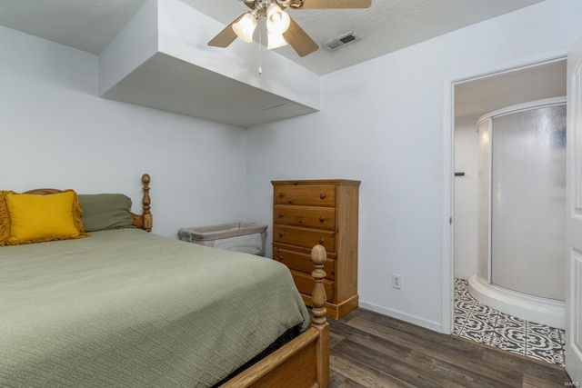 bedroom featuring dark wood-type flooring, a ceiling fan, baseboards, and visible vents