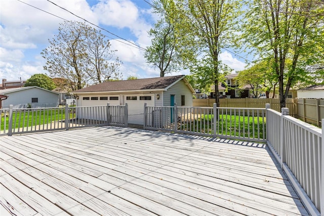 wooden deck featuring a detached garage, a fenced backyard, an outdoor structure, a yard, and driveway