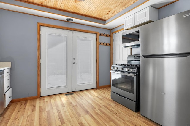 kitchen featuring wood ceiling, a raised ceiling, light wood-style floors, stainless steel appliances, and white cabinetry