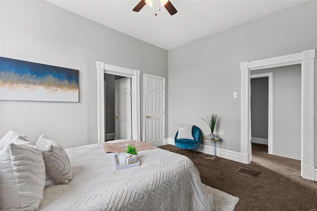 bedroom with carpet floors, baseboards, a ceiling fan, and visible vents