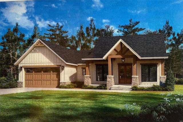 craftsman inspired home featuring driveway, a front lawn, an attached garage, a shingled roof, and stone siding