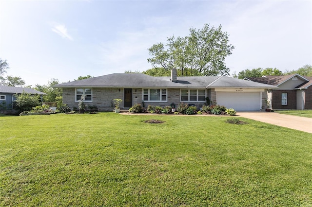 single story home with an attached garage, a chimney, driveway, and a front lawn