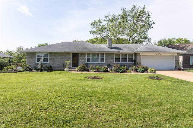 ranch-style house featuring concrete driveway, an attached garage, a chimney, and a front yard