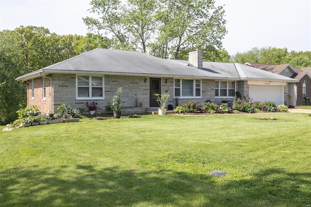 single story home with an attached garage, a front lawn, stone siding, a chimney, and concrete driveway